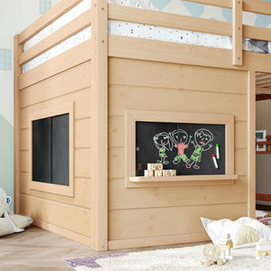 English Elm Full Size Pine Loft Bed with Sliding Chalkboard Bookshelf and Safety Rails for Kids Light Natural W1580S00624