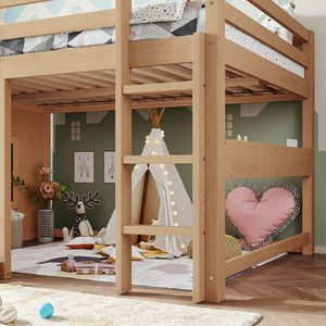 English Elm Full Size Pine Loft Bed with Sliding Chalkboard Bookshelf and Safety Rails for Kids Light Natural W1580S00624