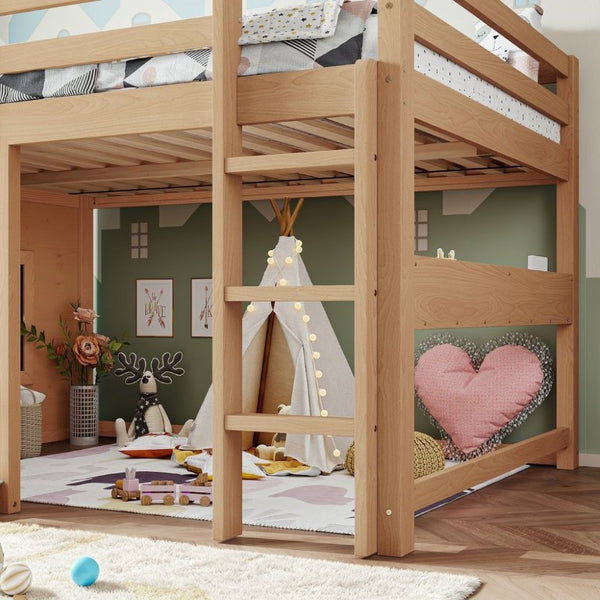 English Elm Full Size Pine Loft Bed with Sliding Chalkboard Bookshelf and Safety Rails for Kids Light Natural W1580S00624