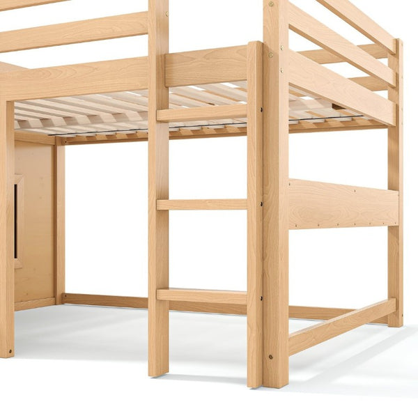 English Elm Full Size Pine Loft Bed with Sliding Chalkboard Bookshelf and Safety Rails for Kids Light Natural W1580S00624