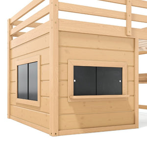 English Elm Full Size Pine Loft Bed with Sliding Chalkboard Bookshelf and Safety Rails for Kids Light Natural W1580S00624