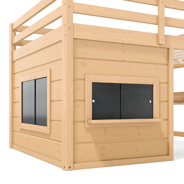 English Elm Full Size Pine Loft Bed with Sliding Chalkboard Bookshelf and Safety Rails for Kids Light Natural W1580S00624