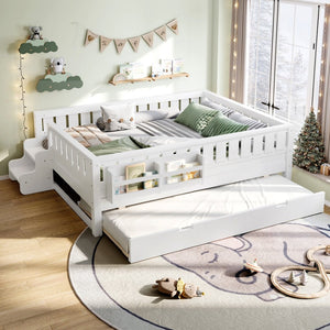 English Elm Full Low Loft Bed with Staircase Bookshelf Trundle and Safety Rails for Kids White W1580S00627