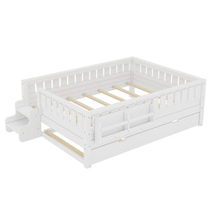 English Elm Full Low Loft Bed with Staircase Bookshelf Trundle and Safety Rails for Kids White W1580S00627