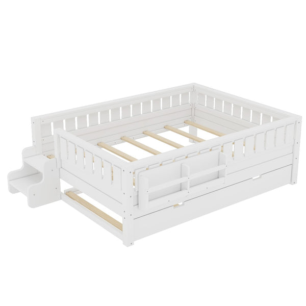 English Elm Full Low Loft Bed with Staircase Bookshelf Trundle and Safety Rails for Kids White W1580S00627