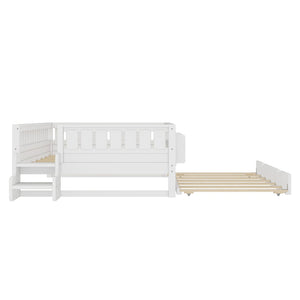 English Elm Full Low Loft Bed with Staircase Bookshelf Trundle and Safety Rails for Kids White W1580S00627