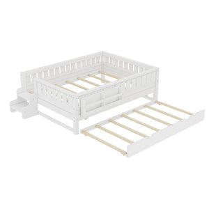 English Elm Full Low Loft Bed with Staircase Bookshelf Trundle and Safety Rails for Kids White W1580S00627