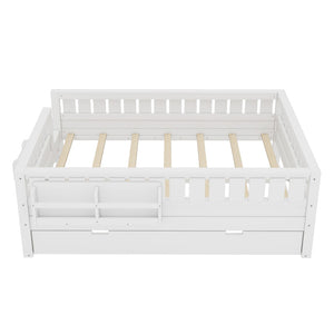 English Elm Full Low Loft Bed with Staircase Bookshelf Trundle and Safety Rails for Kids White W1580S00627