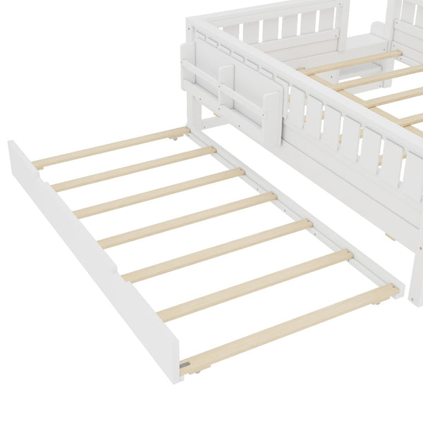 English Elm Full Low Loft Bed with Staircase Bookshelf Trundle and Safety Rails for Kids White W1580S00627