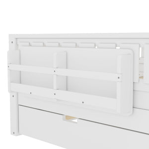 English Elm Full Low Loft Bed with Staircase Bookshelf Trundle and Safety Rails for Kids White W1580S00627