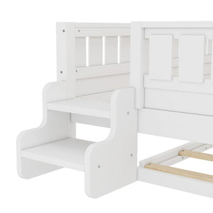 English Elm Full Low Loft Bed with Staircase Bookshelf Trundle and Safety Rails for Kids White W1580S00627