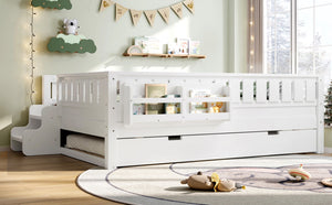 English Elm Full Low Loft Bed with Staircase Bookshelf Trundle and Safety Rails for Kids White W1580S00627