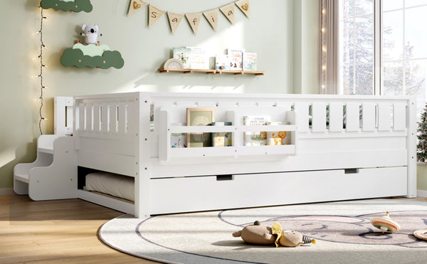 English Elm Full Low Loft Bed with Staircase Bookshelf Trundle and Safety Rails for Kids White W1580S00627