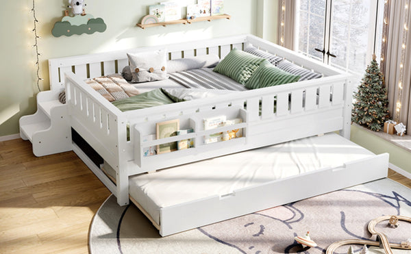 English Elm Full Low Loft Bed with Staircase Bookshelf Trundle and Safety Rails for Kids White W1580S00627