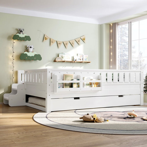 English Elm Full Low Loft Bed with Staircase Bookshelf Trundle and Safety Rails for Kids White W1580S00627