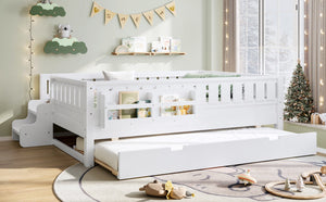 English Elm Full Low Loft Bed with Staircase Bookshelf Trundle and Safety Rails for Kids White W1580S00627
