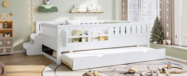 English Elm Full Low Loft Bed with Staircase Bookshelf Trundle and Safety Rails for Kids White W1580S00627