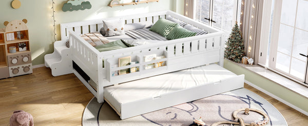 English Elm Full Low Loft Bed with Staircase Bookshelf Trundle and Safety Rails for Kids White W1580S00627