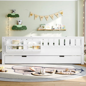 English Elm Full Low Loft Bed with Staircase Bookshelf Trundle and Safety Rails for Kids White W1580S00627