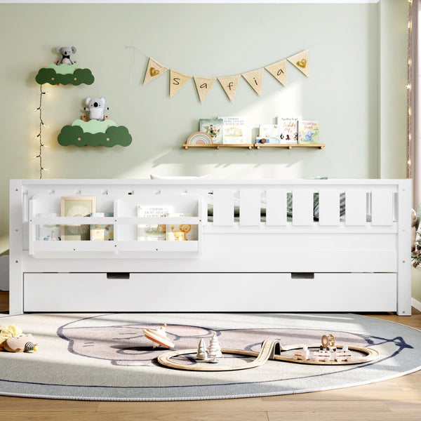English Elm Full Low Loft Bed with Staircase Bookshelf Trundle and Safety Rails for Kids White W1580S00627