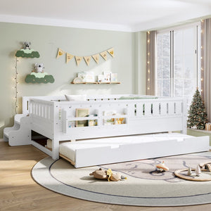 English Elm Full Low Loft Bed with Staircase Bookshelf Trundle and Safety Rails for Kids White W1580S00627
