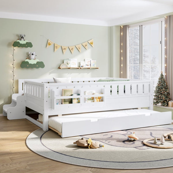 English Elm Full Low Loft Bed with Staircase Bookshelf Trundle and Safety Rails for Kids White W1580S00627