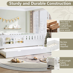 English Elm Full Low Loft Bed with Staircase Bookshelf Trundle and Safety Rails for Kids White W1580S00627