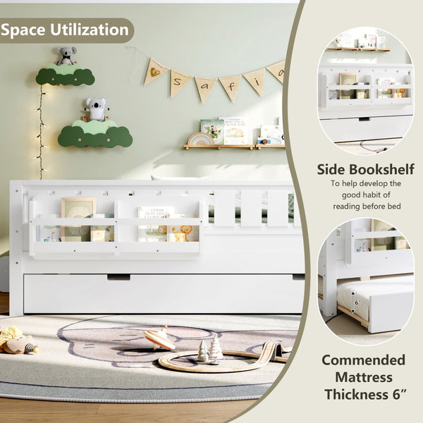 English Elm Full Low Loft Bed with Staircase Bookshelf Trundle and Safety Rails for Kids White W1580S00627