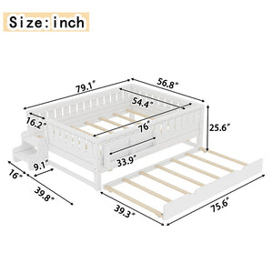 English Elm Full Low Loft Bed with Staircase Bookshelf Trundle and Safety Rails for Kids White W1580S00627