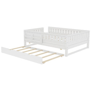 English Elm Full Low Loft Bed with Staircase Bookshelf Trundle and Safety Rails for Kids White W1580S00627