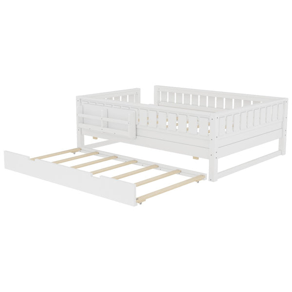 English Elm Full Low Loft Bed with Staircase Bookshelf Trundle and Safety Rails for Kids White W1580S00627
