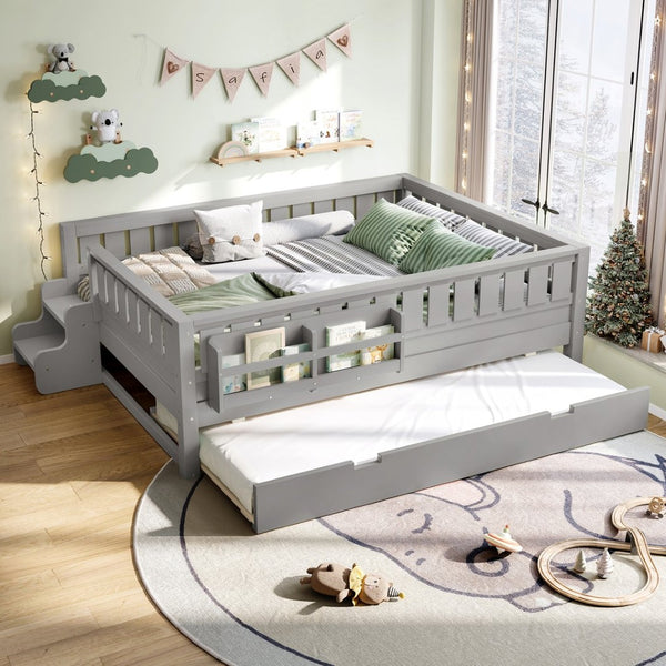English Elm Full Low Loft Bed with Staircase Bookshelf Trundle and Safety Rails for Kids Gray W1580S00628