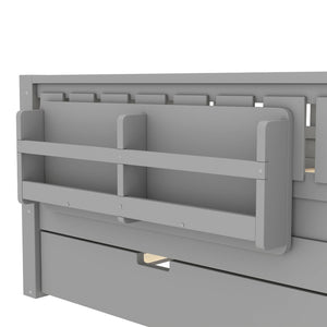 English Elm Full Low Loft Bed with Staircase Bookshelf Trundle and Safety Rails for Kids Gray W1580S00628