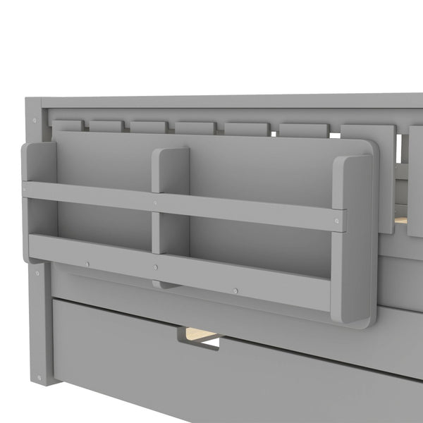 English Elm Full Low Loft Bed with Staircase Bookshelf Trundle and Safety Rails for Kids Gray W1580S00628