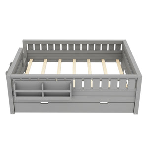 English Elm Full Low Loft Bed with Staircase Bookshelf Trundle and Safety Rails for Kids Gray W1580S00628