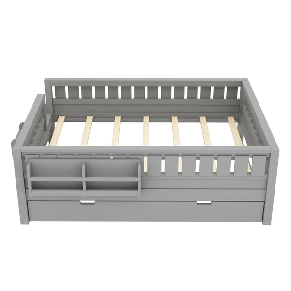 English Elm Full Low Loft Bed with Staircase Bookshelf Trundle and Safety Rails for Kids Gray W1580S00628