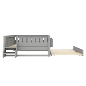 English Elm Full Low Loft Bed with Staircase Bookshelf Trundle and Safety Rails for Kids Gray W1580S00628