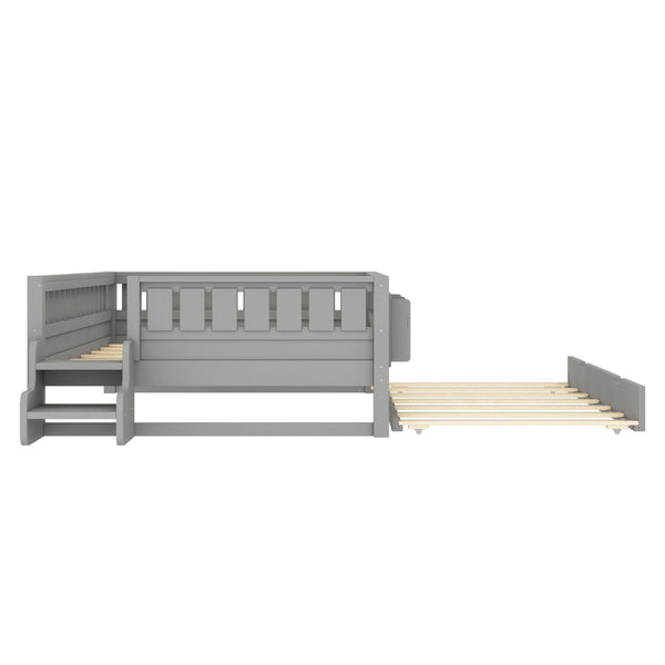 English Elm Full Low Loft Bed with Staircase Bookshelf Trundle and Safety Rails for Kids Gray W1580S00628