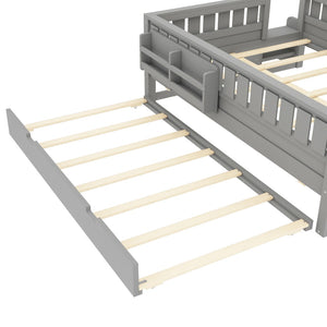English Elm Full Low Loft Bed with Staircase Bookshelf Trundle and Safety Rails for Kids Gray W1580S00628