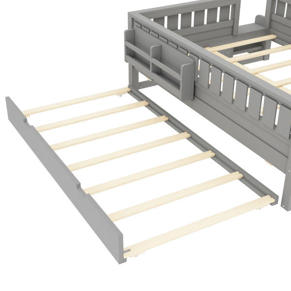 English Elm Full Low Loft Bed with Staircase Bookshelf Trundle and Safety Rails for Kids Gray W1580S00628