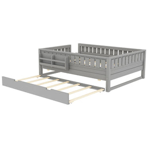 English Elm Full Low Loft Bed with Staircase Bookshelf Trundle and Safety Rails for Kids Gray W1580S00628