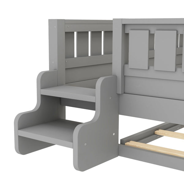 English Elm Full Low Loft Bed with Staircase Bookshelf Trundle and Safety Rails for Kids Gray W1580S00628