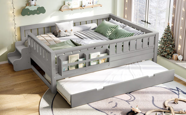 English Elm Full Low Loft Bed with Staircase Bookshelf Trundle and Safety Rails for Kids Gray W1580S00628