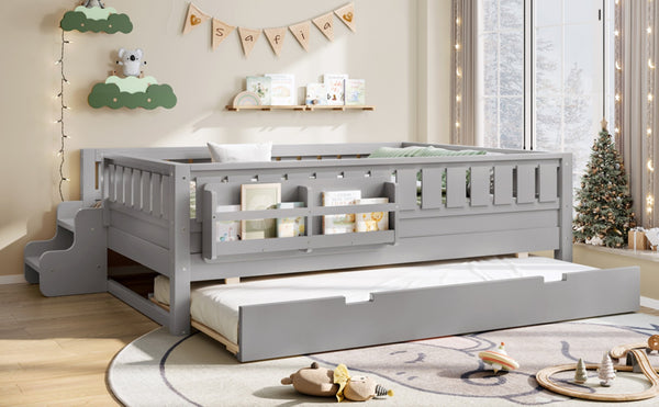 English Elm Full Low Loft Bed with Staircase Bookshelf Trundle and Safety Rails for Kids Gray W1580S00628
