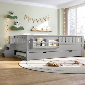 English Elm Full Low Loft Bed with Staircase Bookshelf Trundle and Safety Rails for Kids Gray W1580S00628
