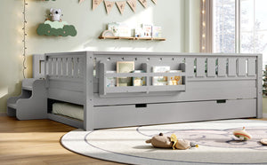 English Elm Full Low Loft Bed with Staircase Bookshelf Trundle and Safety Rails for Kids Gray W1580S00628