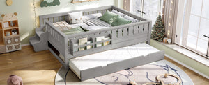 English Elm Full Low Loft Bed with Staircase Bookshelf Trundle and Safety Rails for Kids Gray W1580S00628