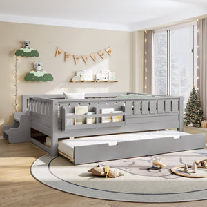 English Elm Full Low Loft Bed with Staircase Bookshelf Trundle and Safety Rails for Kids Gray W1580S00628