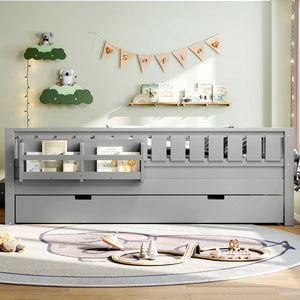 English Elm Full Low Loft Bed with Staircase Bookshelf Trundle and Safety Rails for Kids Gray W1580S00628
