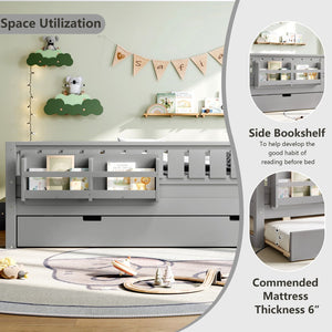 English Elm Full Low Loft Bed with Staircase Bookshelf Trundle and Safety Rails for Kids Gray W1580S00628